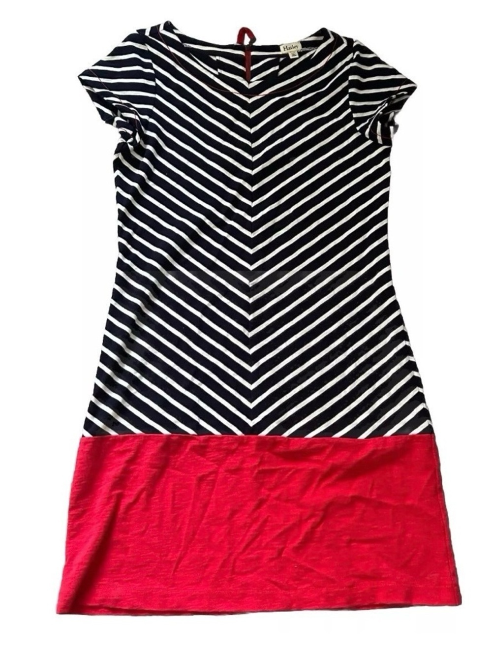 Women’s Hatley Cheveron Wore And Navy Striped Dress With Red Bottom Size Medium